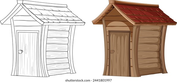 Two stages of a doghouse, sketch and colored.