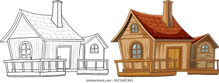 Two stages of a house illustration, sketch and colored