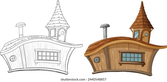 Two stages of a house illustration, sketch to color.