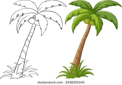 Two stages of palm tree illustration, black and white and colored.