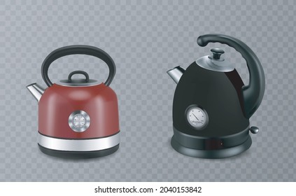 Two stainless steel red and black stovetop kettle, on transparent background. Vector illustration