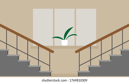 Two stairs on the background of a wall with a window and a plant