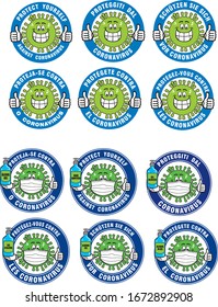 Two stamps protect yourself from the coronavirus with texts in English, Portuguese, French, Italian, German and Spanish