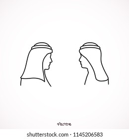 two standing arab men in keffiyeh - line drawing