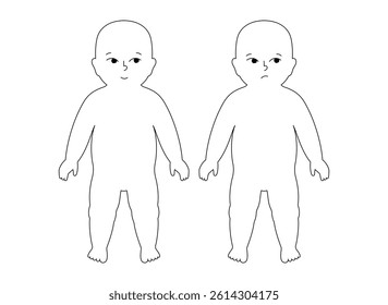 Two standing babies, one smiling and the other looking sad or sick. Pediatric outline silhouette vector showing contrast between health and illness kids in early childhood on white background.