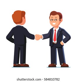 Two standing business man characters shaking hands firmly successfully sealing agreement deal while standing. Businessman handshake. Modern flat style vector illustration isolated on white background.