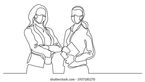 Two Standing Business Women Wearing Face Masks - Continuous Line Drawing