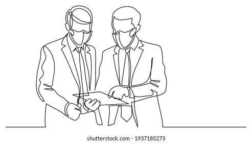 dos hombres de negocios de pie discutiendo el problema del trabajo usando máscaras para la cara - dibujo continuo de líneas