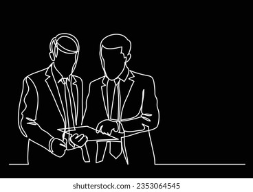 dos hombres de negocios permanentes discutiendo el problema del trabajo - trazado continuo de líneas
