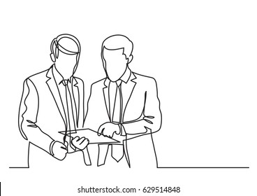 two standing businessmen discussing work problem - continuous line drawing