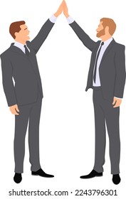 Two standing businessmen making with their rising arms the gesture that means sealing the deal.