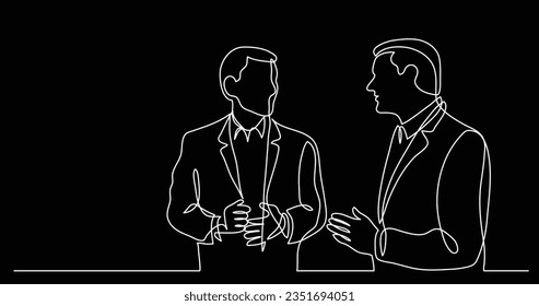 two standing businessmen talking discussing work problems