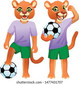 Two standing cougars as the footballers in uniform with the soccer ball