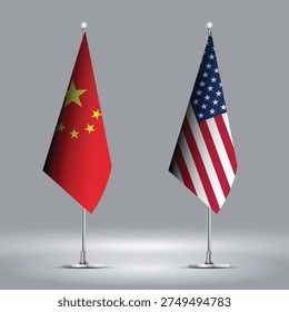 Two Standing Flags Representing USA vs China with Flags on Bodies