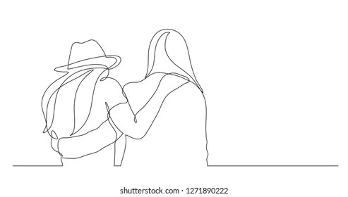two standing friends hugging    one line drawing