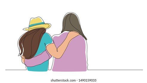 two standing friends hugging - one line drawing