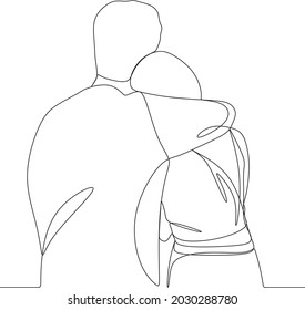 two standing friends hugging - one line drawing