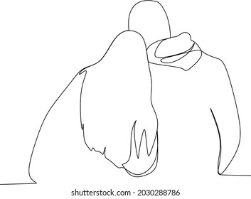 two standing friends hugging - one line drawing