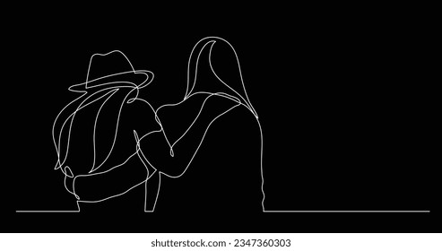 two standing friends hugging - one line drawing