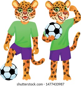 Two standing jaguars as the footballers in uniform with the soccer ball
