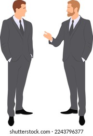 Two standing man wearing in business suits one of them gesturing with arm are talking