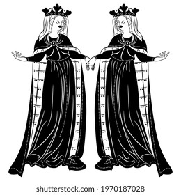 Two standing medieval ladies in royal crowns. Gothic style. Black and white silhouette.