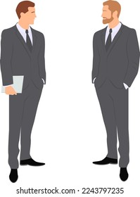 Two standing men wearing in business suits one of them that holding laptop are talking