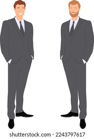 Two standing men wearing in business suits holding their hands in the pockets