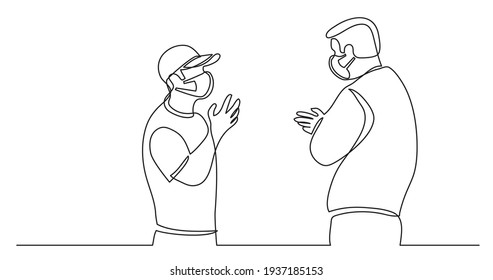 two standing men wearing face masks talking arguing