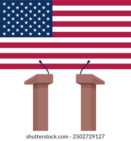 Two stands with a microphone against the background of the US flag. Election debate concept. Vector flat illustration