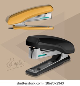 Two staplers on light brown background, in the office, stationary, tool, equipment