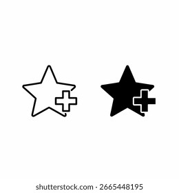 Dois ícones de estrela, um contornado e um preenchido, cada um com um sinal de adição indicando uma função de adição ou favorita.