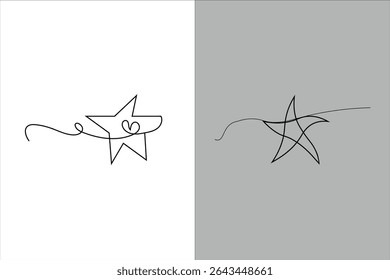 Two star illustrations in one-line style, one with a heart, on a split white and gray background, minimalist design.