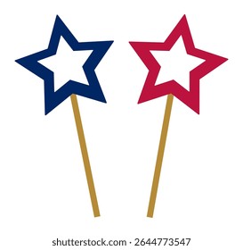 Two star shaped cutouts, one blue and one red, mounted on wooden sticks evoke patriotic symbols, possibly for celebrating a national holiday or event