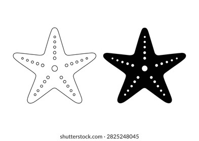 Two starfish silhouettes are presented, one as a black fill and the other as a white outline, both featuring a