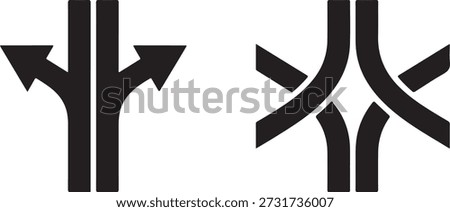 Two stark black, abstract symbols resembling forked arrows or branching routes on a white background.