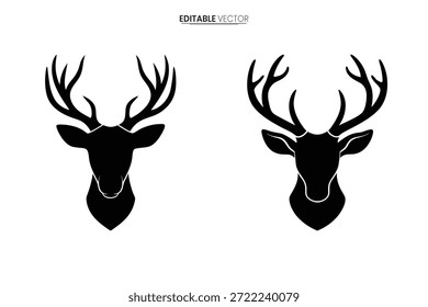 Dos siluetas de cabeza de ciervo negro muestran intrincados detalles de cornamenta en un diseño simple y audaz.