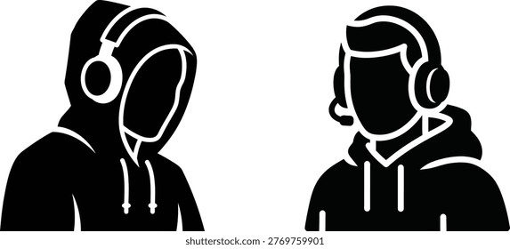 Two stark black silhouettes of individuals wearing hoodies and headphones, obscuring their faces, suggesting anonymity and modern isolation.