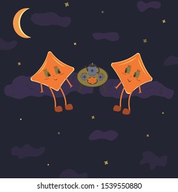 Two stars in the night sky sit on the clouds and drink tea. Book illustration, childrens concept, friendship