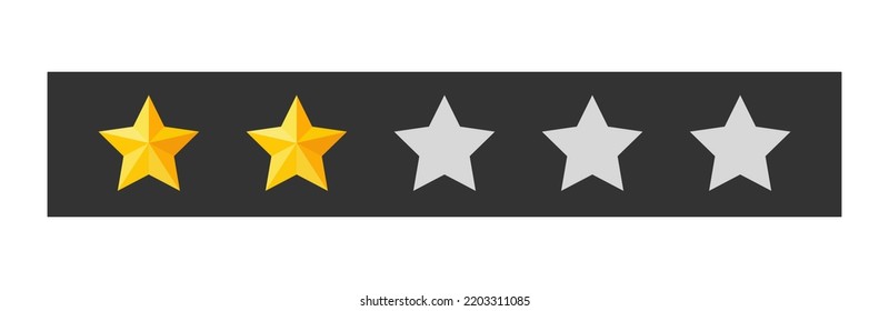 Two stars rating button. Yellow rating stars on dark backgrounds. Feedback evaluation in vector