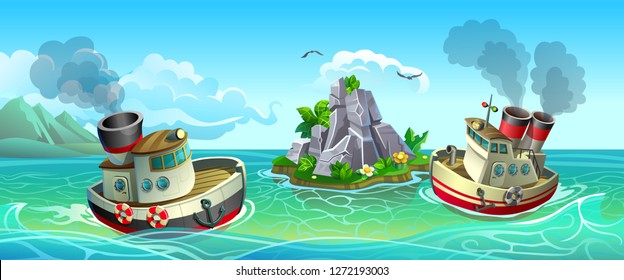 Two steamers in tropical sea. Metallic ships among islands. Sea navigation. Vector panorama.