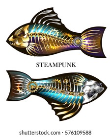 Two steampunk mechanical fish with skeleton and gold gears on white background.