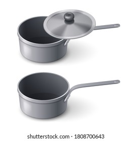 Two Steel Saucepans with Lid. Illustration on a White Backdrop