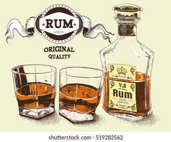 Two Stemware Of Rum With Bottle .Vector Illustration