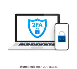 Two Step Authentication 2fa, Flat Cartoon Smartphone And Computer Safety Login Or Signin. Vector Stock Illustration.