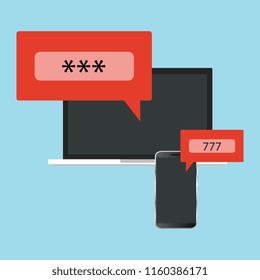 Two step authentication concept. Smartphone and computer security. Vector illustration