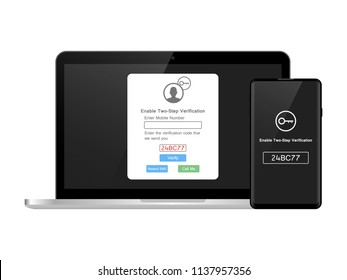 Two step authentication illustration, smartphone and computer safety login or signin, two steps verification via mobile phone and pc Vector