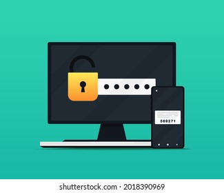Two step authentication. Password authorization. Login to account. Two factor verification via computer and smartphone. Illustration vector