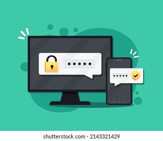 Two step authentication. Password authorization. Login to account. Two factor verification via computer and smartphone. Vector illustration