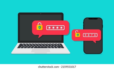 Dos pasos de autenticación con contraseña. Dos factores de verificación. código 2fa. Autenticación con ayuda de un equipo y sms por teléfono para seguridad. Autorización en portátil con 2fa. Vector.